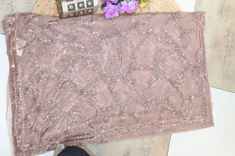 Net Saree with Heavy Sequin & Bead Embroidery - Dusty Pink