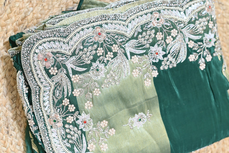 Bangalori Silk Saree with Floral Bead & Sequin Embroidery - Emerald Green