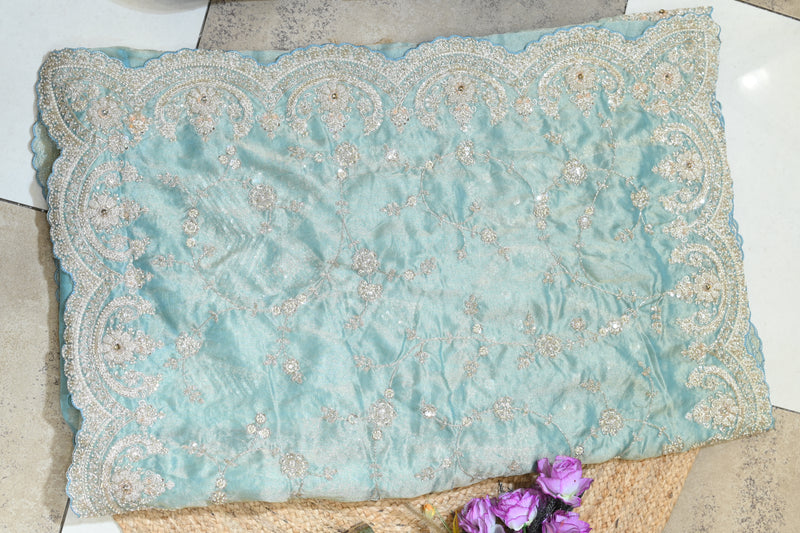 Tissue Silk Saree with Floral Pearl & Sequin Embroidery - Mint Blue