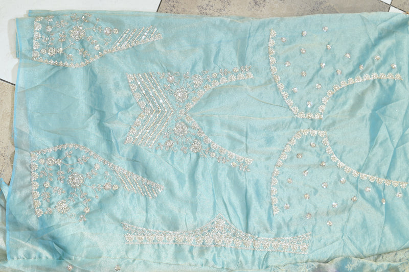 Net Saree with Floral Bead & Sequin Embroidery - Sky Blue