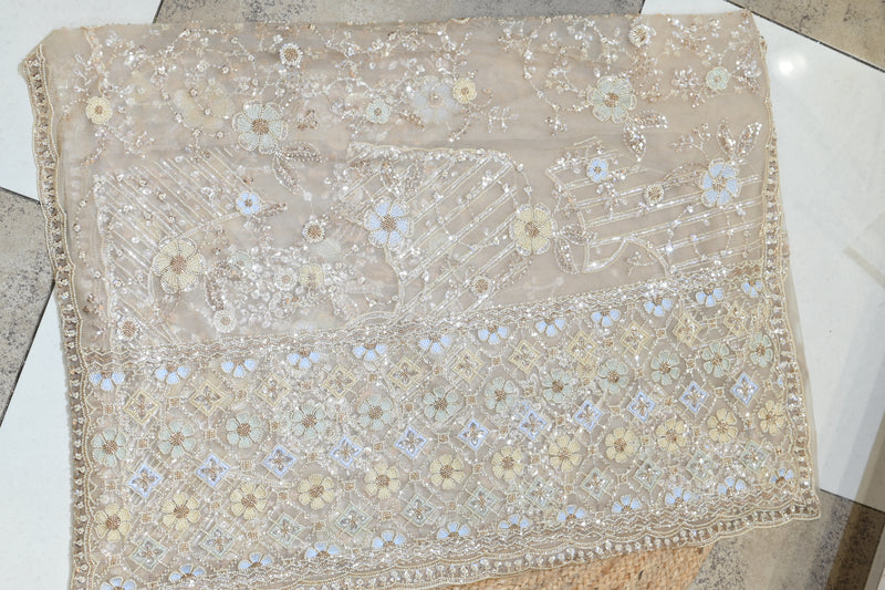 Paper Organza Saree with Floral Bead & Sequin Embroidery - Ivory Beige