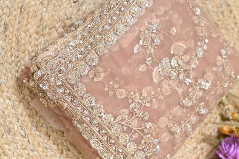 Net Saree with Geometric Sequin & Bead Embroidery - Dusty Rose